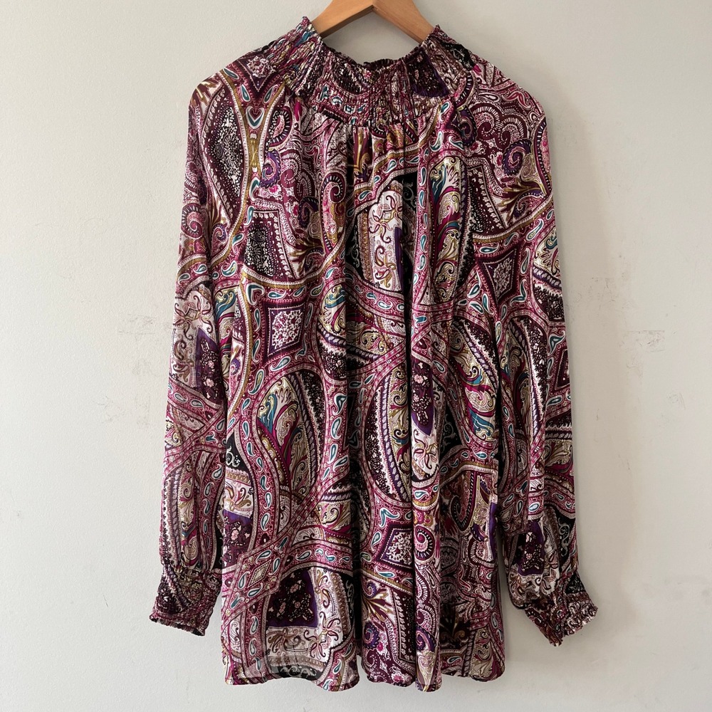 Chico's Paisley Smocked Neck Blouse Purple Size XXL/20 Long Sleeve Keyhole Back